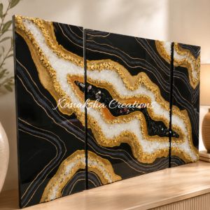 Luxury handcrafted 3-piece resin geode wall art with crystal details and metallic gold accents, modern statement wall décor for living room, bedroom, office, and contemporary home interiors.
