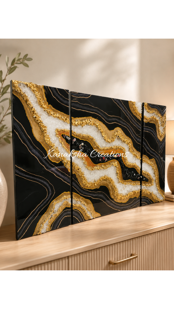 Luxury handcrafted 3-piece resin geode wall art with crystal details and metallic gold accents, modern statement wall décor for living room, bedroom, office, and contemporary home interiors.