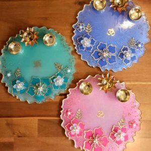 12 inch handmade resin pooja thali decorative puja plate for Diwali, Ganesh Chaturthi, Navratri and festivals Pink Blue Green