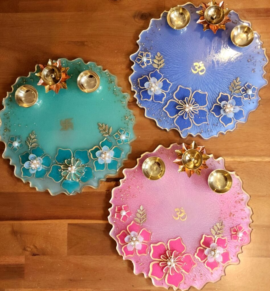 12 inch handmade resin pooja thali decorative puja plate for Diwali, Ganesh Chaturthi, Navratri and festivals Pink Blue Green